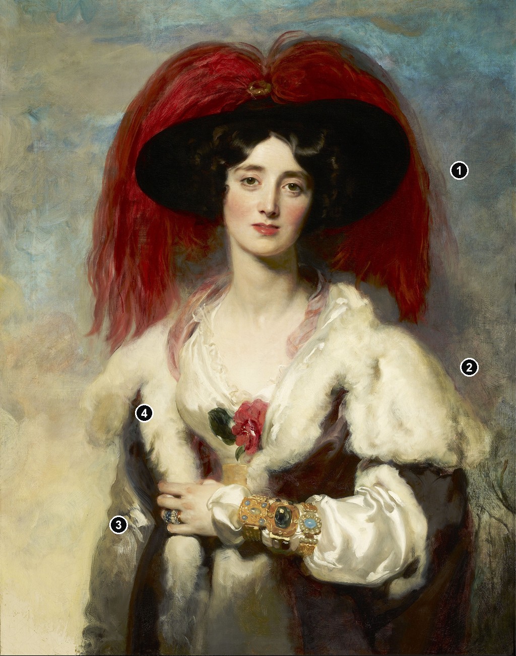 Annotated details from Julia Lady Peel by Thomas Lawrence